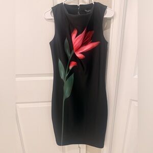 Halston Heritage Black Midi Dress with Pink Floral Print